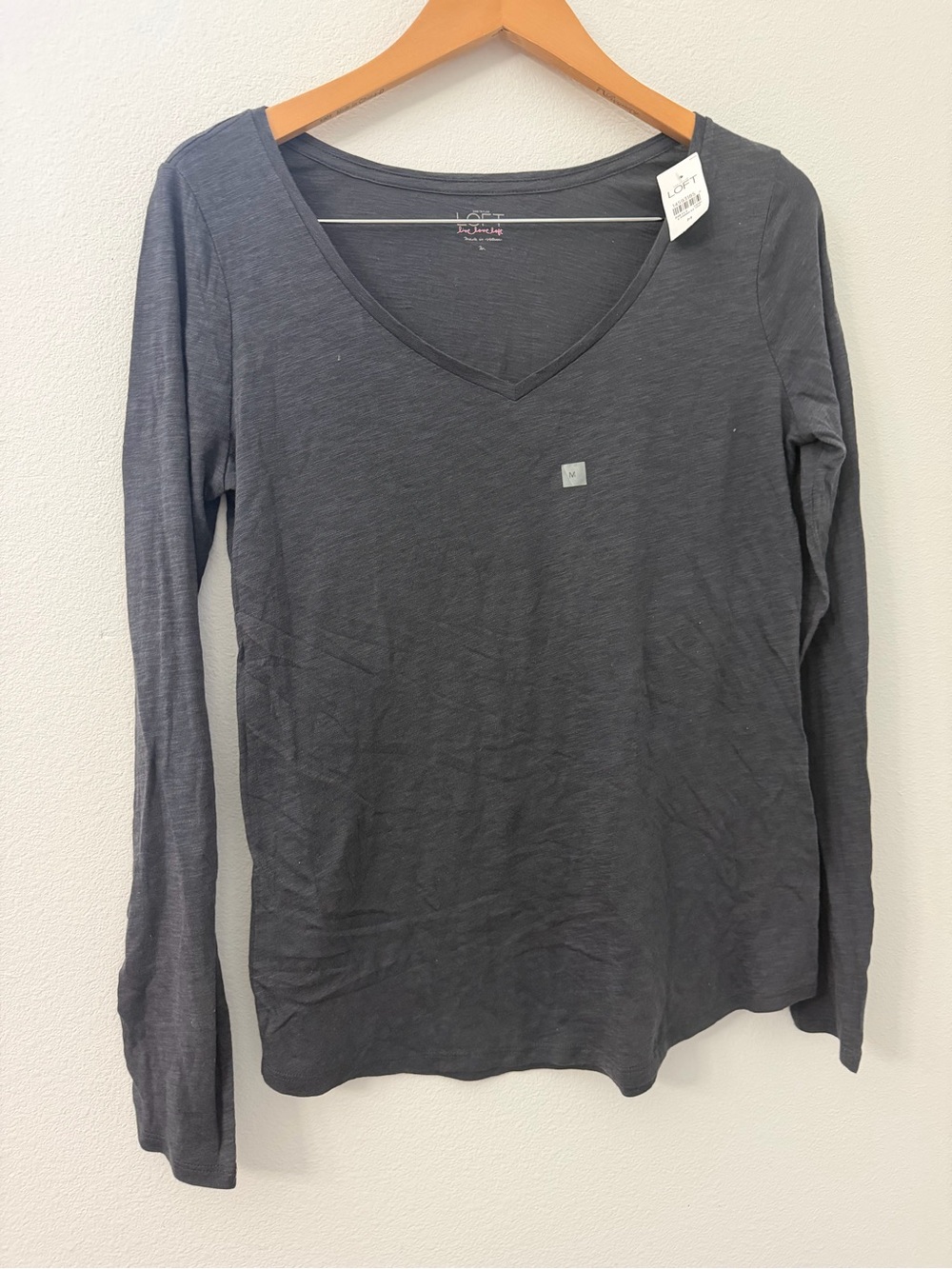 LOFT Charcoal Gray V-Neck Long Sleeve Tee